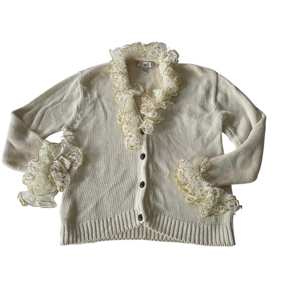 Chaus Sweaters - Vintage Chaus Romantic Cream Cardigan Med Oversized Crochet Ruffles Grandmacore